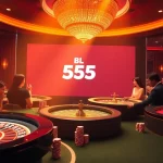 Players celebrating at the vibrant BL 555 casino with roulette and poker tables.