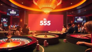 Players celebrating at the vibrant BL 555 casino with roulette and poker tables.