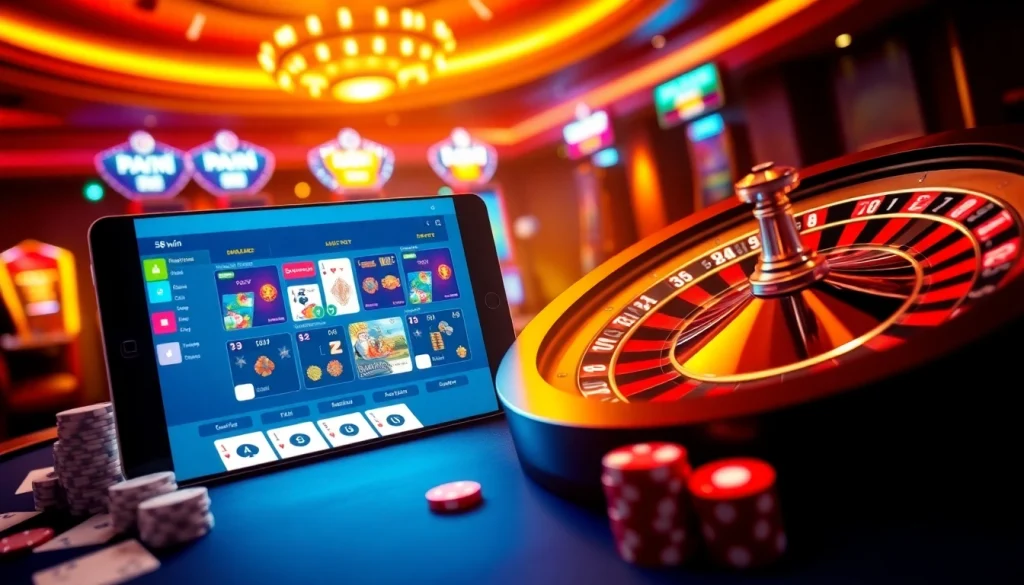Experience the excitement of gambling at 58win with vibrant casino tables, slot machines, and online game interfaces.