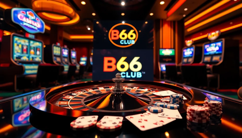 Experience the thrill of B66 CLUB with vibrant gambling elements and an upscale casino vibe.