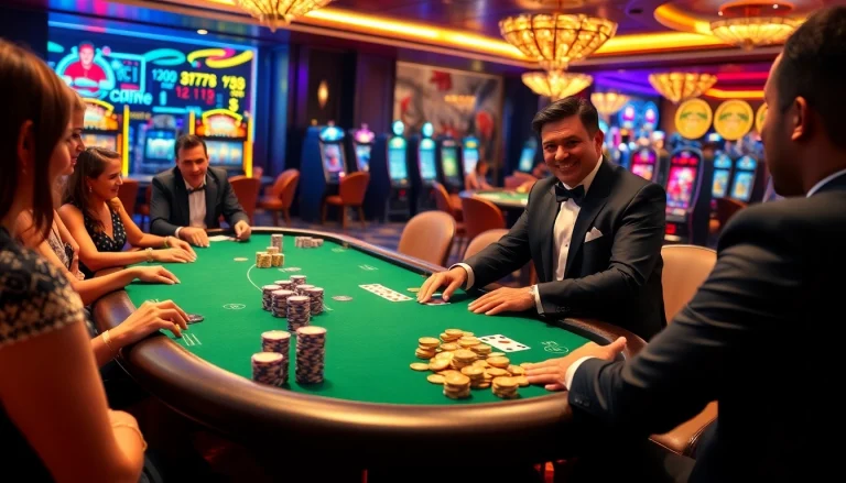 Players engage in a thrilling game of blackjack at nk88's luxurious casino table, surrounded by glimmering chips.