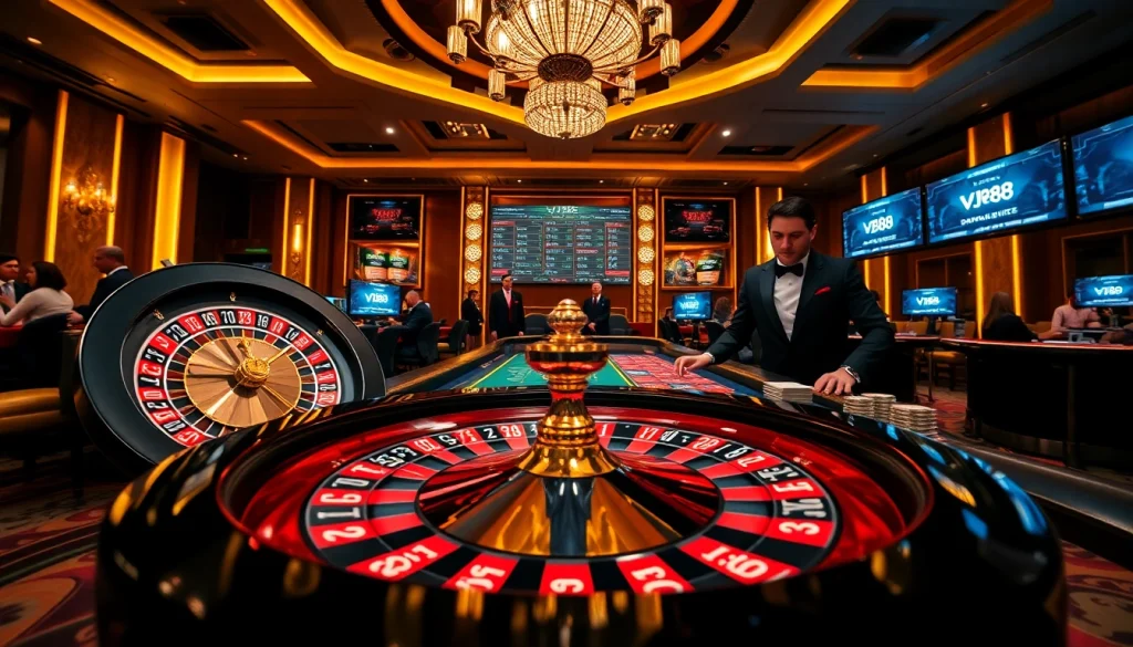 Experience dynamic betting at VJ88 with stylish poker chips and a vibrant roulette wheel.