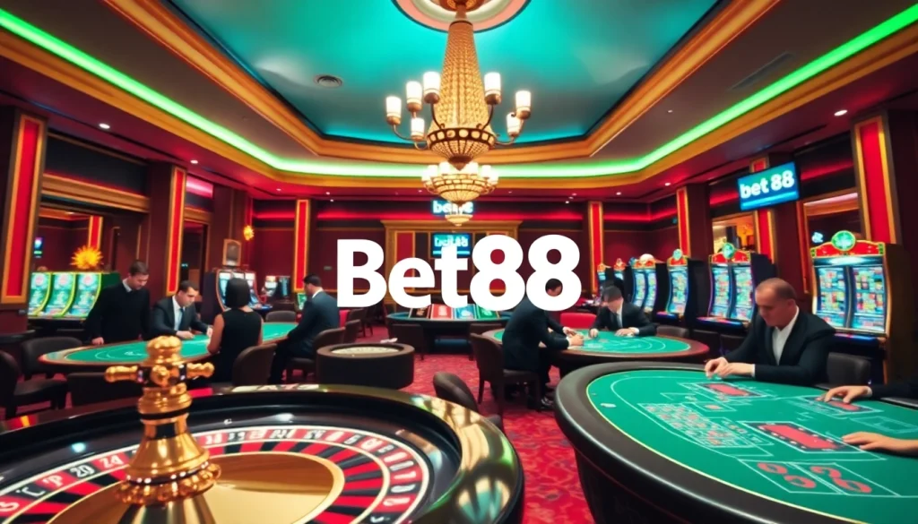 Bet88 players enjoying high-stakes gambling at a luxurious casino.