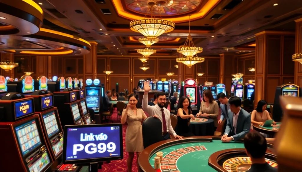 Experience the thrill of online gaming with Link vào PG99, showcasing vibrant casino action and luxury.