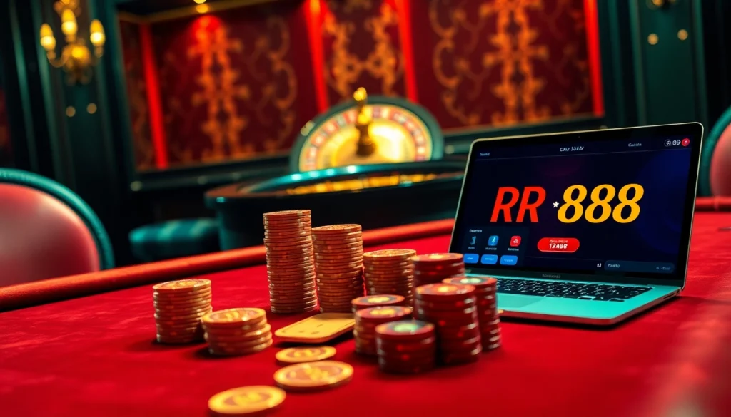 Experience the thrill of betting at RR88's luxurious casino with vibrant poker tables and roulette.