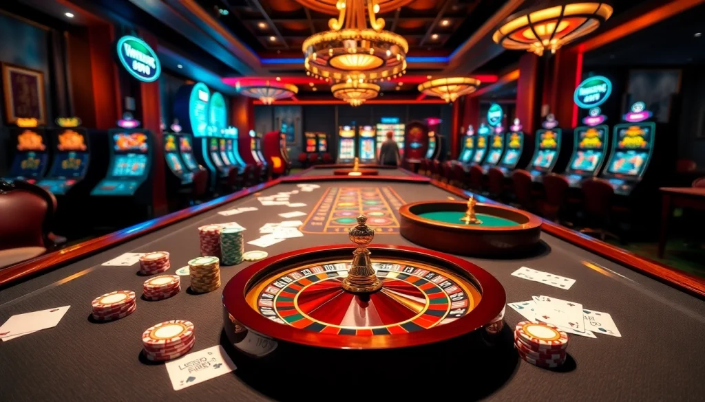 MM88 casino scene featuring luxurious poker tables and vibrant slot machines.