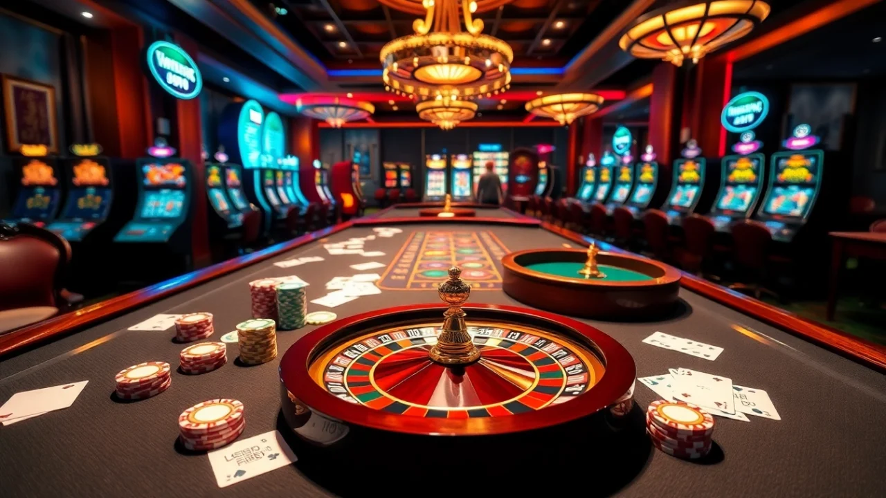 MM88 casino scene featuring luxurious poker tables and vibrant slot machines.