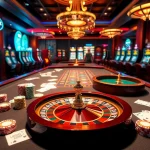MM88 casino scene featuring luxurious poker tables and vibrant slot machines.