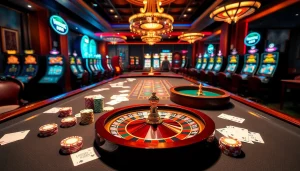 MM88 casino scene featuring luxurious poker tables and vibrant slot machines.