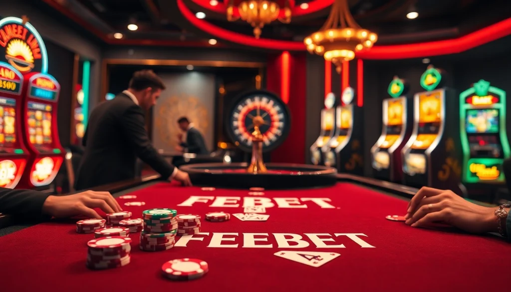 FEBET poker table with vibrant chips and cards in a luxury casino setting