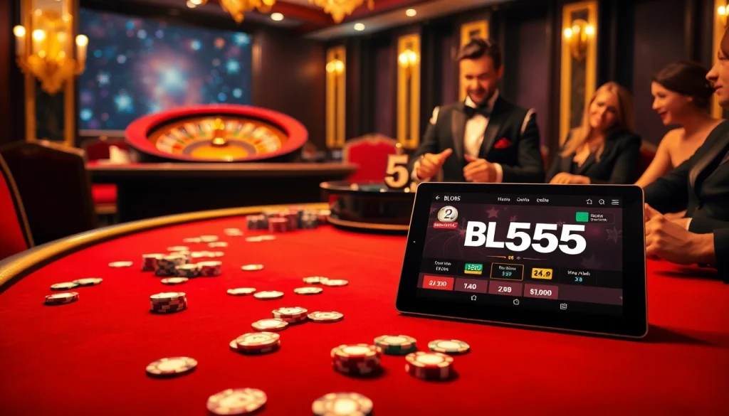 Experience thrilling poker action at the BL555 casino with vibrant chips and an engaging atmosphere.