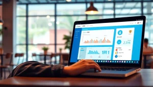 在舒适的咖啡馆里，笔记本电脑上显示的快连官网 VPN 应用界面。