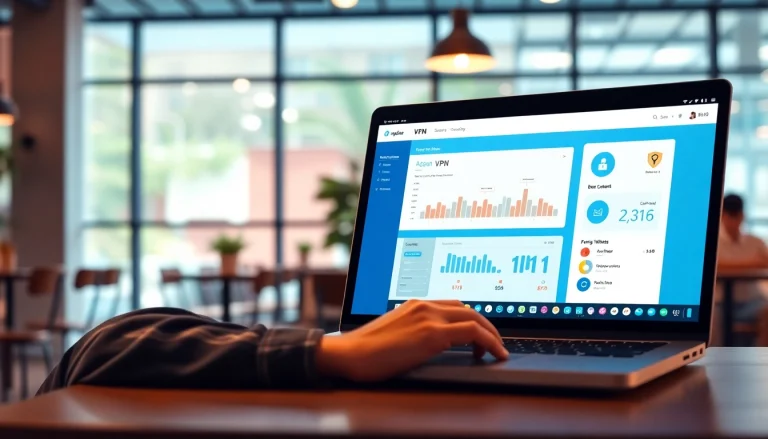 在舒适的咖啡馆里，笔记本电脑上显示的快连官网 VPN 应用界面。