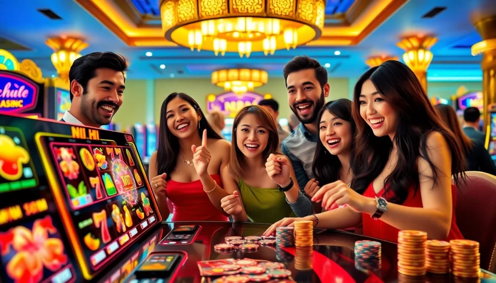 Nổ Hũ slot machine captivating players in a vibrant casino atmosphere, showcasing excitement and luxury.