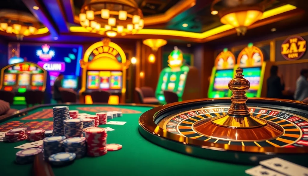 Experience the thrilling poker game at SUNWIN casino with vibrant chips and illuminated slot machines.
