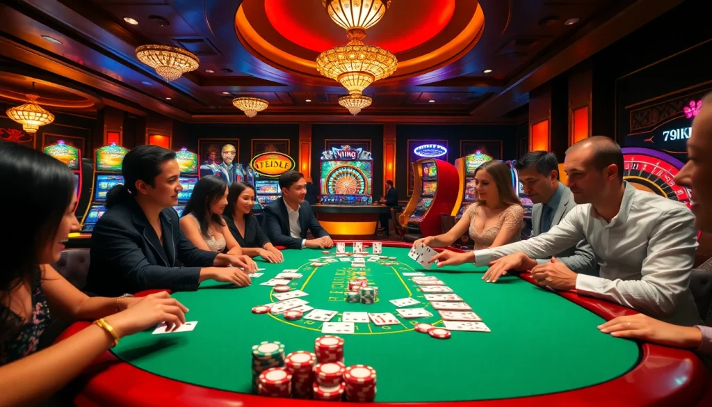 Engaging scene depicting 79KING with players at a lively poker table and bright slot machines.
