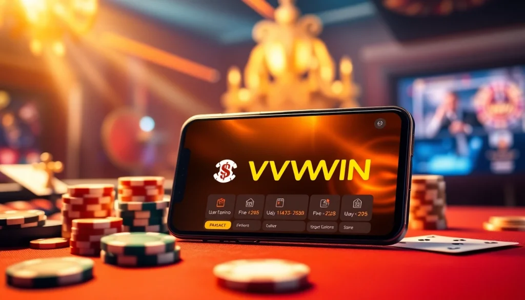 Experience VVVWIN88.live through an engaging mobile gaming scene featuring casino elements and a sleek app interface.