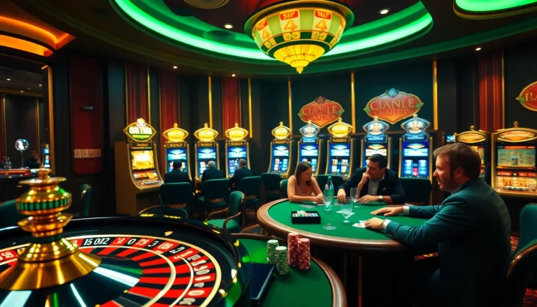 Experience thrilling action at https://f1682.email/ with players at a poker table in a vibrant casino scene.