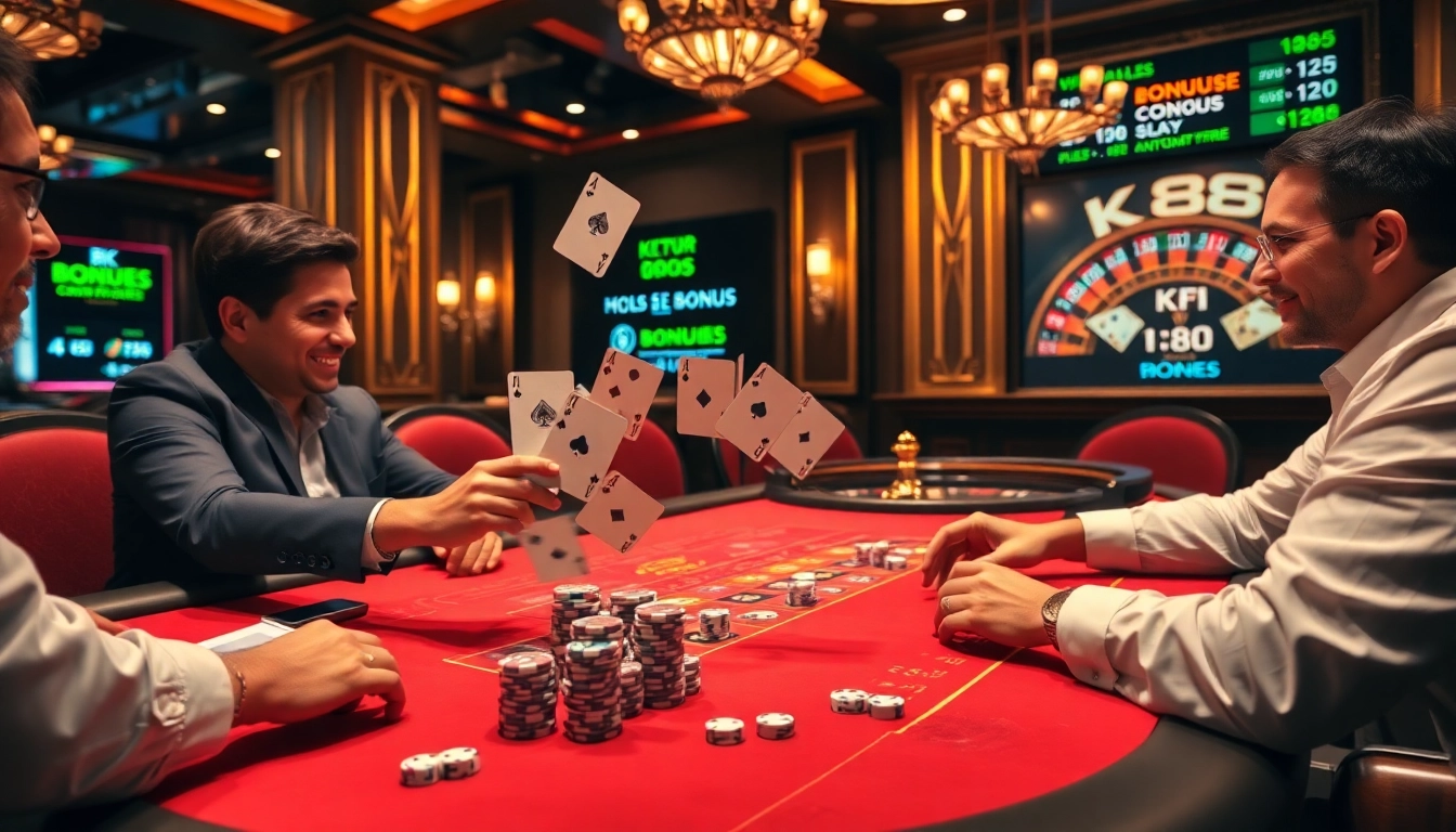 Exciting KP 88 poker action at a luxurious casino table with vibrant chips and cards.