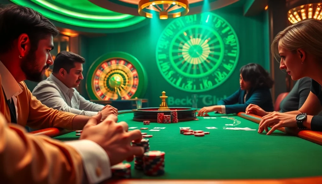 Players strategizing at a b52club poker table in a luxurious casino setting.