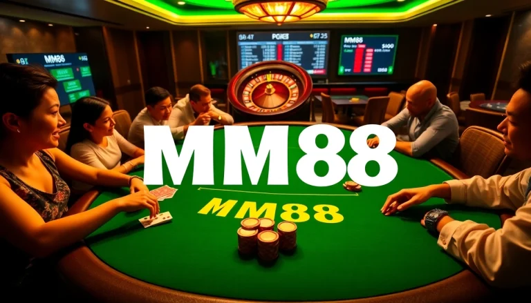 MM88 branded exciting poker game scene with vibrant cards and chips.