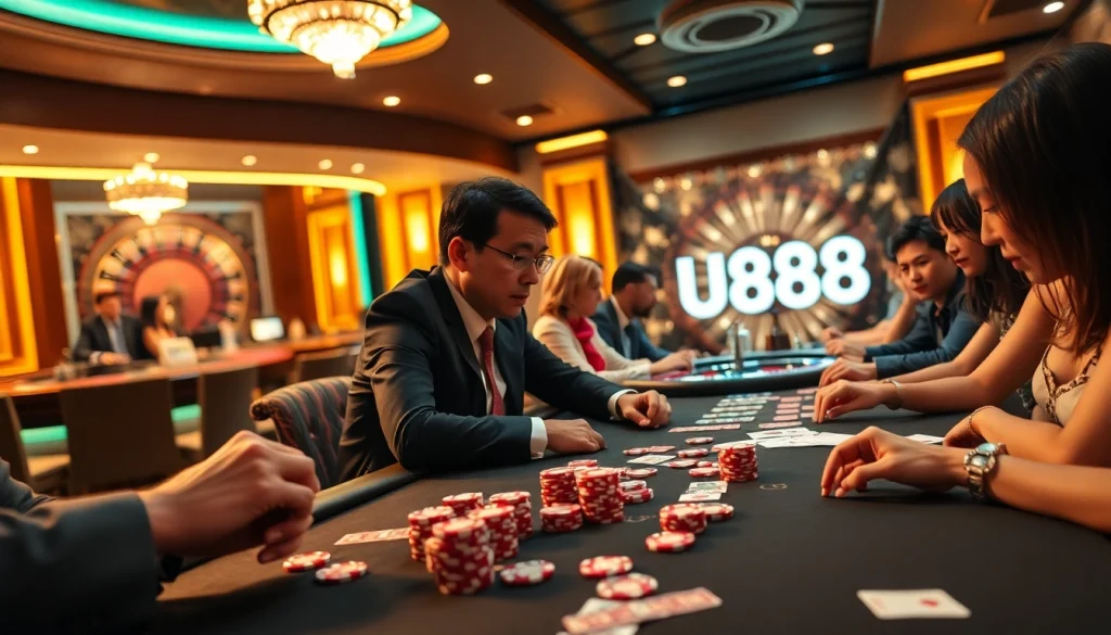 Players engaging in an intense poker game at U888 casino, with colorful chips and cards in action.