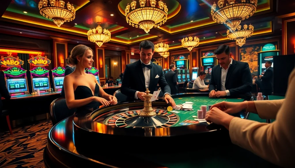 Players enjoying the thrill of Mu88 at a luxury casino table surrounded by vibrant roulette wheels and chips.