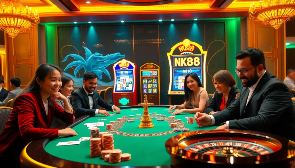 NK88 gamblers enjoying a professional casino experience at a vibrant table with poker chips and cards.