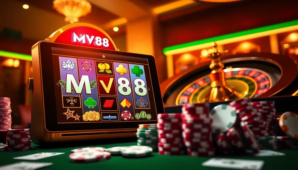 MV88 online casino table featuring vibrant game graphics and exciting gambling elements.