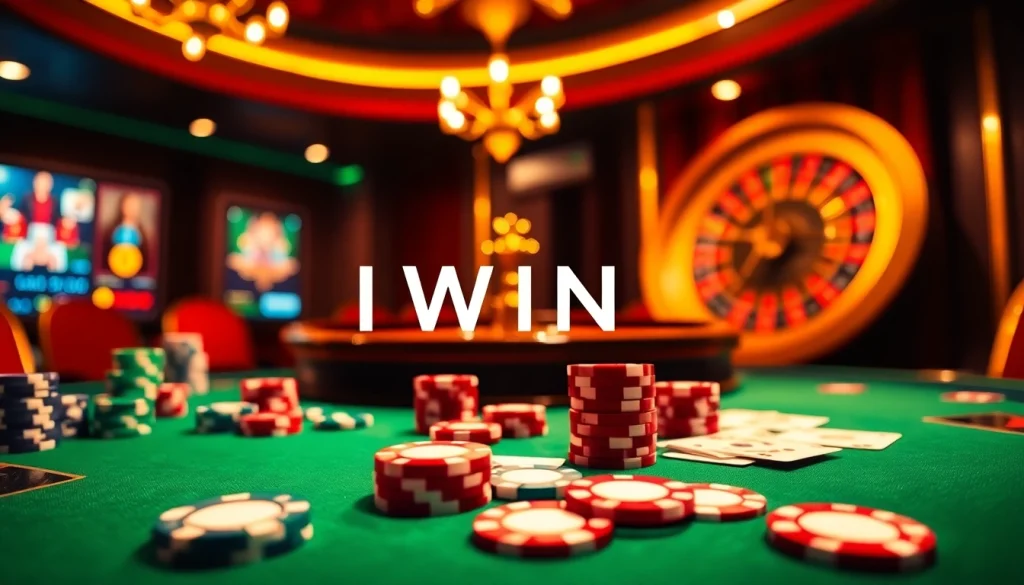 IWIN casino scene showcasing poker chips, cards, and a roulette wheel, conveying excitement.