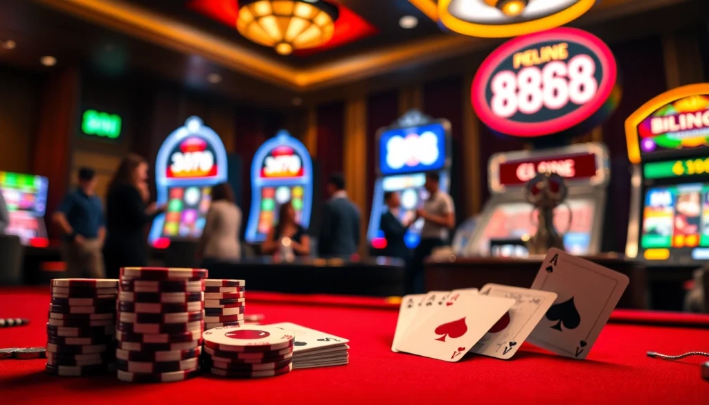 Experience the thrill at nhà cái 888new with vibrant casino visuals depicting poker and roulette.