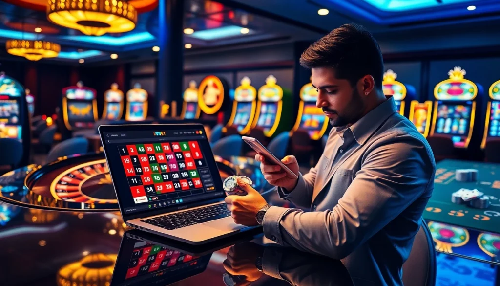 I9BET's immersive online gambling environment with a roulette wheel and poker table.