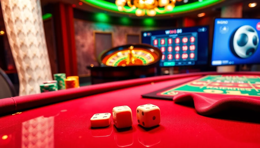 W88's elegant gaming table set with poker chips and a roulette wheel in a luxurious casino scene.