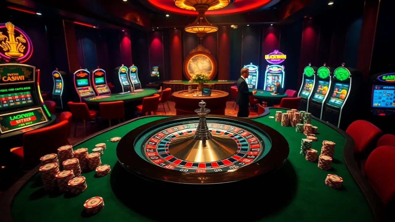 Engaging casino scene with luxurious tables and Luckywin-themed slot machines.