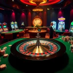 Engaging casino scene with luxurious tables and Luckywin-themed slot machines.