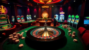 Engaging casino scene with luxurious tables and Luckywin-themed slot machines.