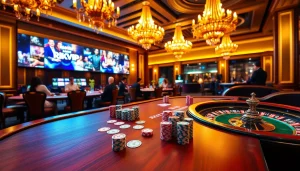 Players enjoying a thrilling poker game at a luxurious casino, showcasing Rikvip's vibrant atmosphere.