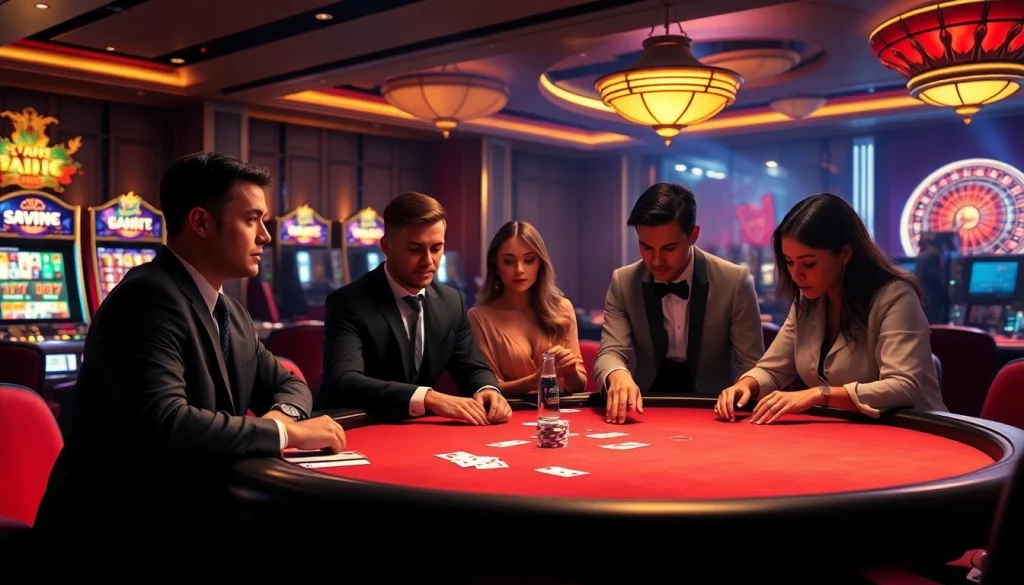 Experience excitement at pg88 nhà cái with players engaging in thrilling poker action, surrounded by luxury.