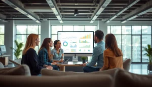 Engaged team strategizing search optimization services in a modern office environment.