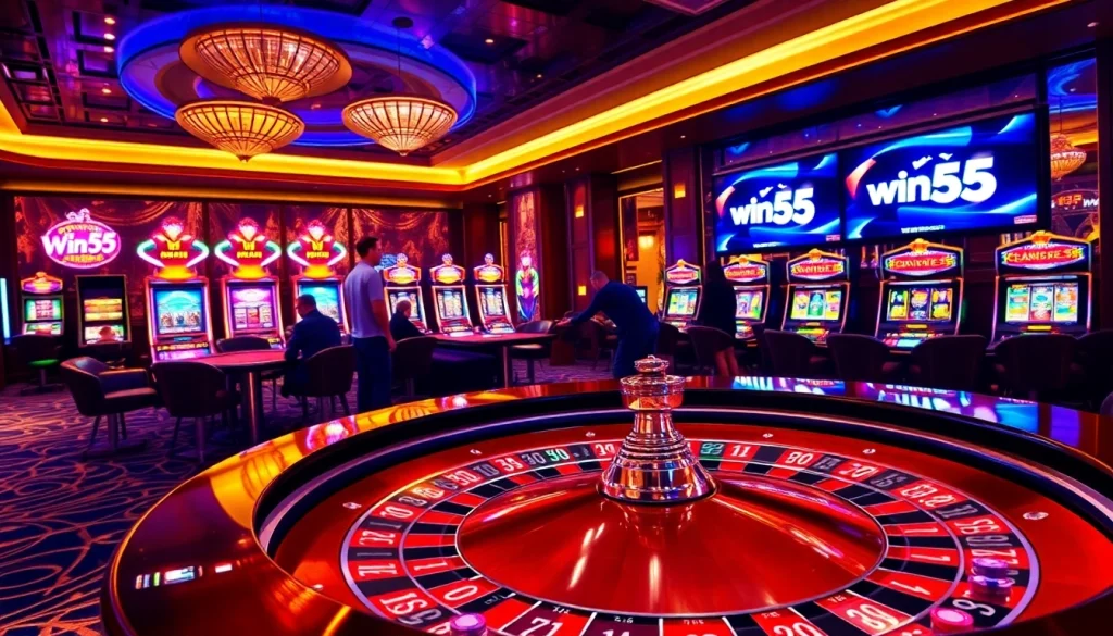 Players experience the thrill of win55 at an upscale roulette table in a vibrant casino setting.