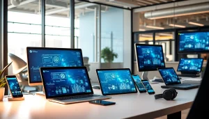K88 tablet and smartphone showcased in a modern tech workspace, highlighting innovation and productivity.
