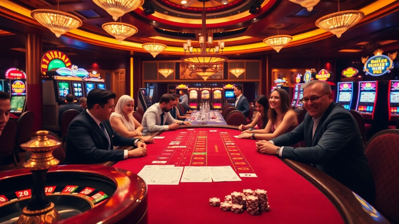 Gambling excitement at a casino featuring the brand https://v188v.net/ with vibrant slot machines and poker chips.