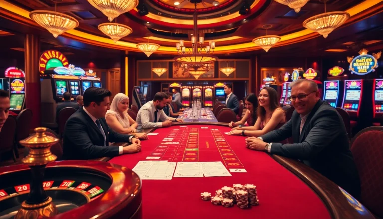 Gambling excitement at a casino featuring the brand https://v188v.net/ with vibrant slot machines and poker chips.