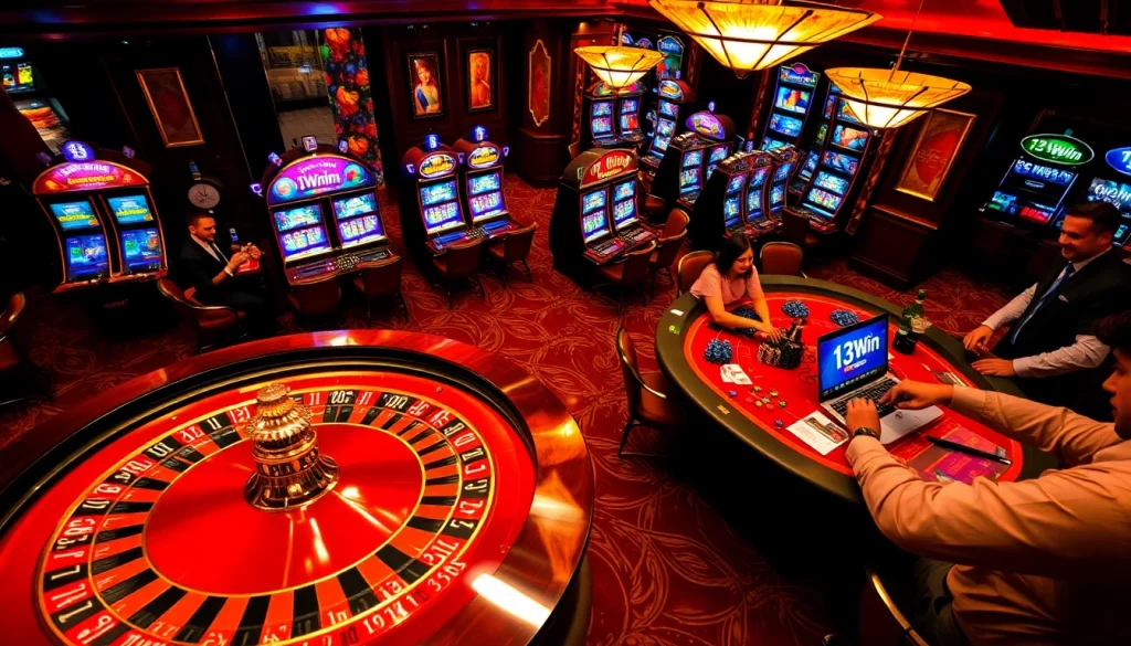 Players enjoying a thrilling game at the 13Win casino, with vibrant roulette wheel and poker tables.