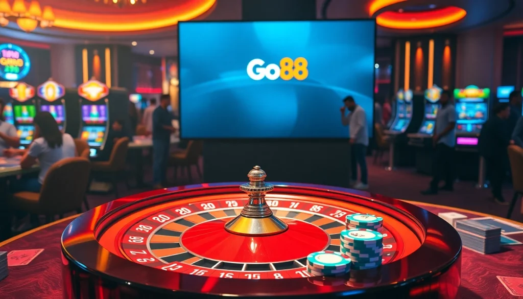Go88 players enjoying a thrilling casino experience with vibrant games and poker chips.