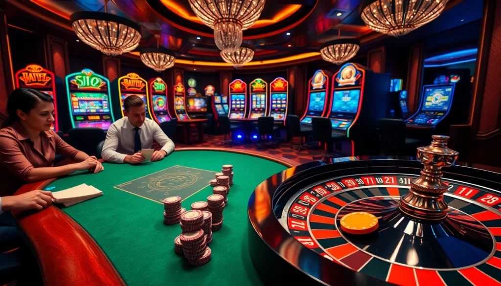 Playing poker and enjoying slots at the vibrant 222BD casino atmosphere.