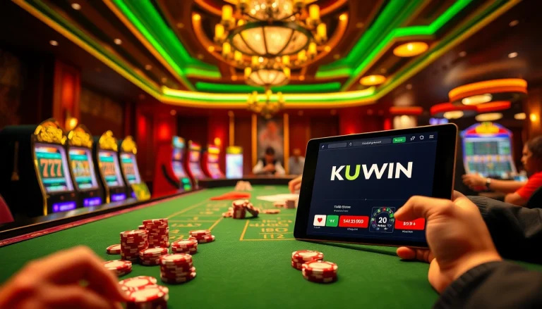 Players enjoying a thrilling casino experience at KUWIN, featuring vibrant slot machines and dynamic card games.