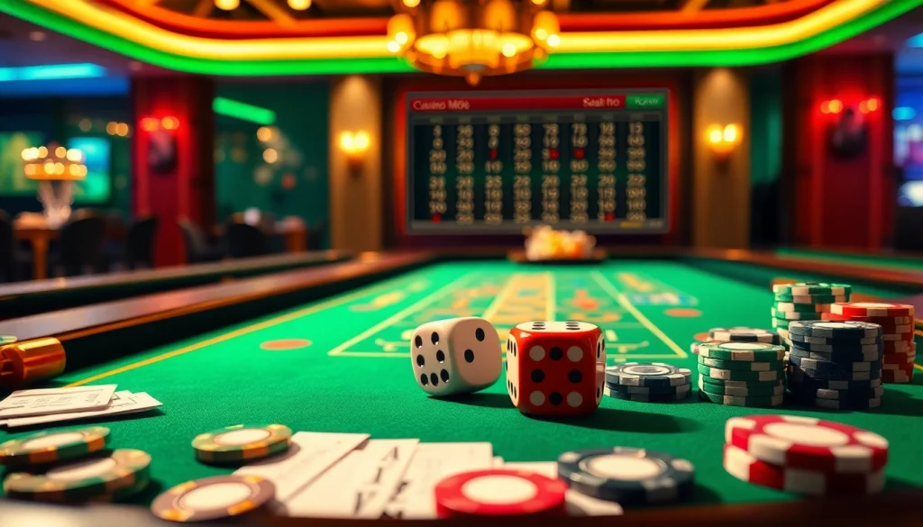 Tài xỉu md5 players eagerly prepare for a game with dice and chips at a vibrant casino table.