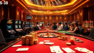 Participants enjoying vibrant games at nhà cái SV388, showcasing excitement with cards and roulette.