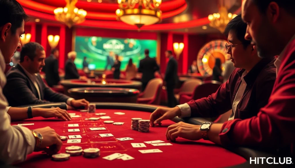 Engaged players strategizing at HITCLUB's high-stakes poker table with vibrant casino ambiance.